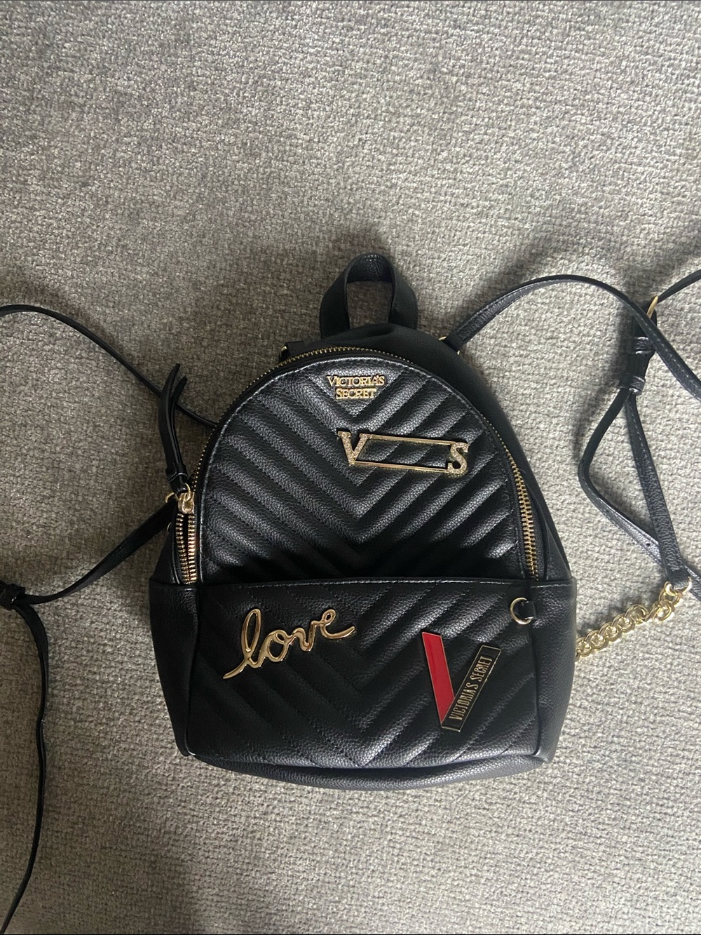 Victoria's Secret Black Quilted Mini Backpack with Gold Accents and Red Detail - Picture 1 of 10